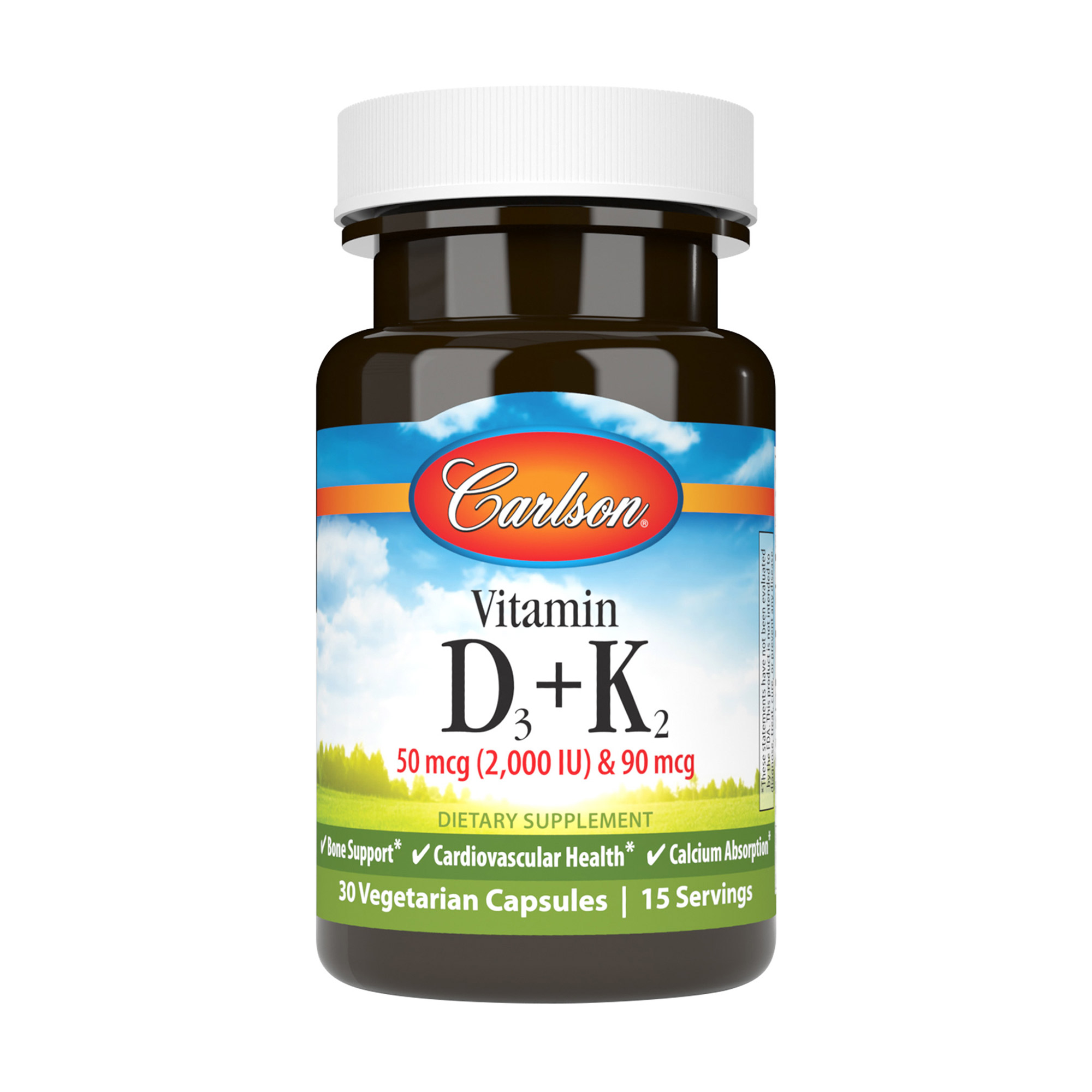 Вітаміни Д3 та К2 Carlson Labs Vitamin D3+K2, 50 мкг і 90 мкг, 30 вегетаріанських капсул